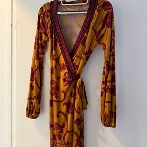 Hale Bob Mustard and Burgundy Long Sleeve Dress
